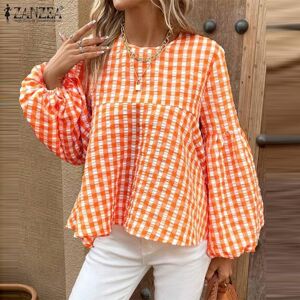 ZANZEA Women's Round Neck Lantern Long Sleeve Plaid Loose Blouse