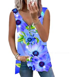 YASEY Women's Top Summer New Fashion Sun Flower Printed Casual Plus Size Sleeveless Zipper V-neck Top Tank Top