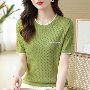 surwenyue Summer Ice Silk Short Sleeve T-shirt Women Fashion Thin Casual Knitted Blouse Woman Short Sleeve Round Neck Tee Tops Office Lady Blouses 24120