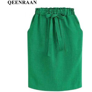 QEENRAAN Summer Womens Elegant Elastic Waist Bow Lace-Up Package Hip Pencil Skirt With Pocket