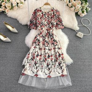 RUGOD 2022 Stunning High-end Summer Temperament Round Neck Waist Slimming Mesh Embroidered Floral A-line Dress