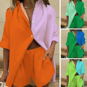 Exquisite woman 1 Set Women Shirt Shorts Color Block Loose Summer Single-breasted Wide Leg Outfit for Daily Wear