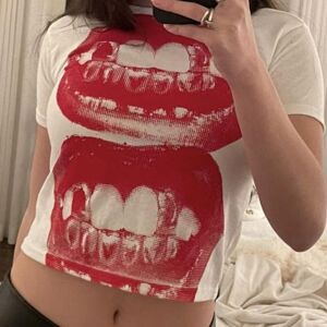 YoungGirl Y2K clothes 2000s vintage Harajuku fairy garbage blouse women's T-shirt Goth lip KISS print E-girl EMO Crop women's club top