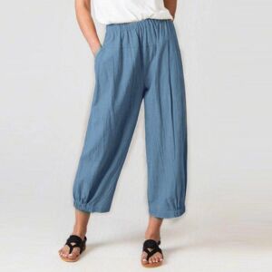 best do it Casual Khaki Color Cotton Linen Loose Cropped Pants Summer Fashion Solid High Waist Wide Leg Pants Baggy Pantalones Mujer 25552