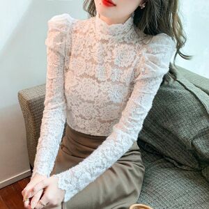 surwenyue 2023 Autumn Stand Collar Lace Crochet Blouse Women Elegant Puff Long Sleeve Bottom Tops Mujer Hollow White Ladies Shirts 29175