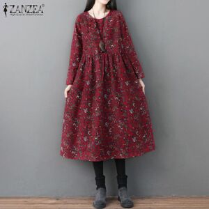 ZANZEA Vintage Women O Neck Long Sleeve Floral Print Kaftan Robes Casual Baggy Party Tunic Dress