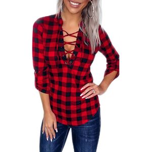 Lapa Womens Plaid Lace Up V Neck T-shirts Tops Ladies Casual XMAS Party Blouse Shirt