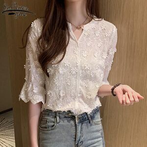 surwenyue Fashion Ladys Shirt 2020 Summer  Stereoscopic Embroidered White Pure Cotton Blouse Floral Short