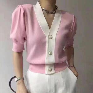 surwenyue Fashion Ice Silk Knitwear Shirt Women V Neck Puff Short Sleeve Summer Coat Blouse Knitted Cardigan Elegant Tops 28449