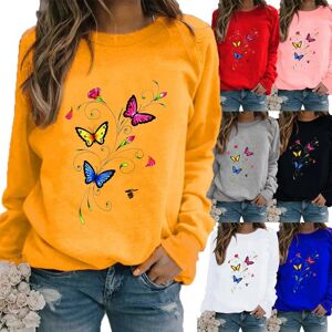 laibingo Women's Autumn and Winter Round Neck Casual Fashion Solid Color Long Sleeve Butterfly Print T-shirt Loose Blouse Tops