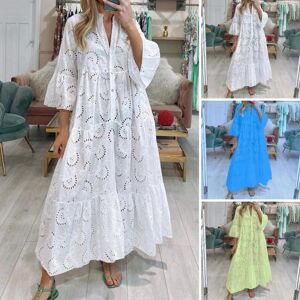 shangkelv Elegant Solid Color Embroidery Lace Maxi Dress V-neck 3/4 Flared Sleeve Hollow Out Flower Pattern Buttons Half Placket Ruffle Stitching Hem Dress