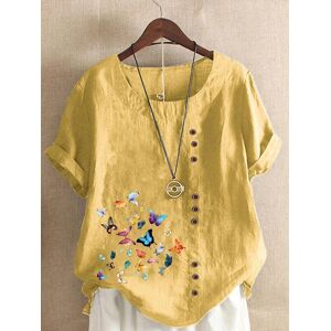 laibingo Women's  O-neck Butterflies Printed Short Sleeve Tops Loose Cotton Shirt Casual Blouse XS-5XL