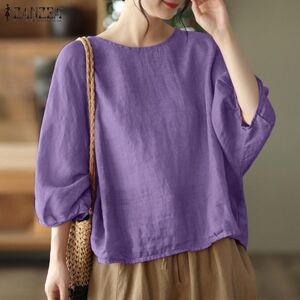 ZANZEA Women Casual O-neck 3/4 Sleeve Cotton Blouse