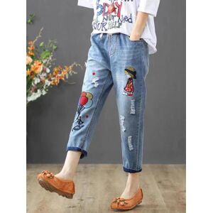 FIVE FIVE Y2k Elastic Waist Embroidery Lace Up Ankle-Length Pants Summer Casual Pencil Jeans Spring Korean Fashion Vintage Clothes