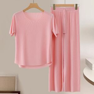 manjianjing 2Pcs/Set Women Pajamas Seamless Ice Silk Round Neck Short Sleeve Solid Color Elastic Waist Wide Leg Loose Soft Breathable Homewear Top Pants Set