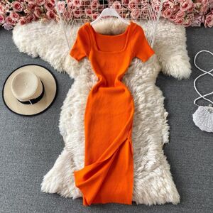 Our Beautiful Fashion Spring and Summer New Knitted Square Neck Short Sleeve Split Dress Female Midi Dresses