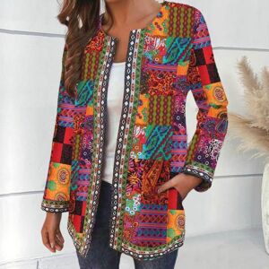 CoverGirl Stylish No Buttons Coldproof Windproof Women Autumn Ethnic Style Retro Print Outerwear Daily Clothing Coat