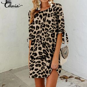 Celmia Summer Casual Women's Loose Mini Dress Leopard Print Short Sleeve Plus Size