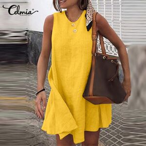 Celmia Womens Summer Sleeveless Cotton Mini Dress Loose Tank