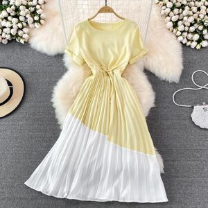RUGOD 2022 Summer New Color-blocking Round Neck Waist Slimming Mid-length A-line Pleated Dress Short Sleeves