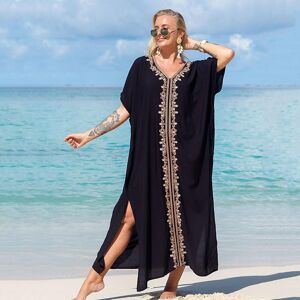 EDOLYNSA Beach Cover Up EDOLYNSA Elegant Gold Embroidered Kaftan Long Black Tunic Loose Maxi Dress Women Summer Clothing Beach Wear Swim Suit Cover Up Q1455