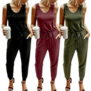 Exquisite woman Solid Color Women Sleeveless Round Neck Waist Straps Jumpsuit Long Pants Romper