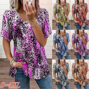 91530103MAC32JTX96 New  Summer Fashion Women's Clothing Leopard Printed Casual T-shirt Short Sleeve V-Neck Tops Ladies Plus Size Folds Blouse