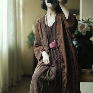 Johnature Summer Woman Vintage Retro Loose Frenulum Loose Coat Chinese Style Cotton V-Neck Print Long Sleeves Coat