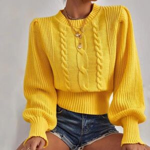 My wardrobe -Certification Solid Color Knitted Sweater Women's Round Neck Pullover Lantern Sleeve Top