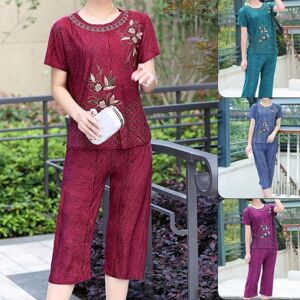 Exquisite woman Summer Women Pajamas O Neck Floral Print Short Sleeve T-shirt Pants Loose Outfit for Middle-aged