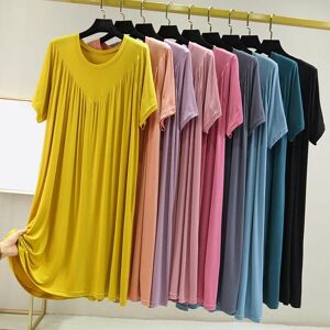 WomanWardrobe Women Summer Dress Pleated Solid Color O Neck Short Sleeves Thin Loose Knee Length Pullover Casual Daily Wear Lady Midi Dress