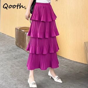 Qooth Spring Summer Women Fashion Layered High-waisted Skirts Casual Solid Color Cake Skirt QT1683