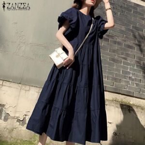 ZANZEA Bohemian Pleated Long Dress Womens Summer Casual Short Sleeve O-neck Baggy Long Dress Femme Polyester Vestidos