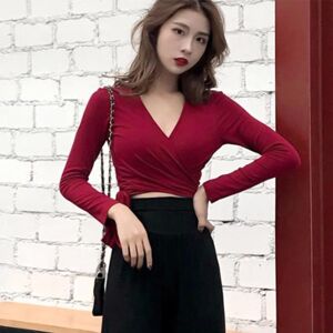 OverSize Costume Sexy Women Deep V Neck Front Wrap Side Bandage Slim Cropped Blouse Base Shirt