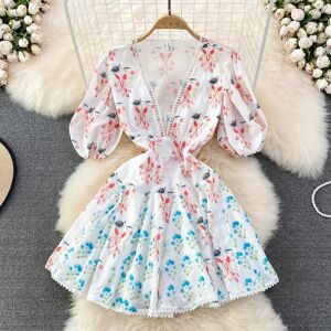 RUGOD 2022 Summer New Fashion Deep V-neck Lace Hollow Lantern Sleeves Print Stitching High Waist A-line Puffy Dress