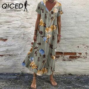 QICED Summer Short Sleeve V-neck Holiday Flower Loose Swing Dress