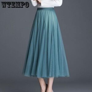 WTEMPO Spring Summer Beach Women Pleated Midi Skirt Ladies Elastic High Waist Tulle Skirts Mesh Skirt A-line Skirts