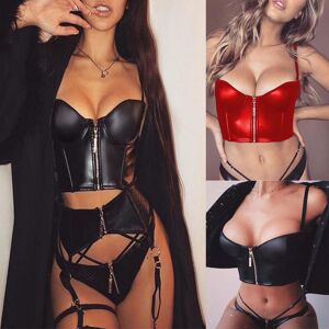 HH65XG Women Fashion Cool Girl Corset Sexy Low-cut Leather Camisole Zipper Crop Top