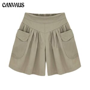 CANVAUS Women Fashion Summer Loose Casual Shorts Elastic Waist Beach Shorts Solid Color Breathable Wide Legs Pants
