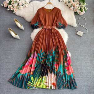 RUGOD Summer High-end Round Neck Puff Sleeves Waist Slimming Positioning Printing A-line Dress Elegant Large Swing Long Dress