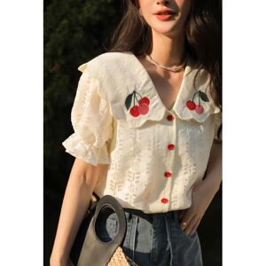 Mishow Lace Shirts For Women Summer French Peter Pan Collar Loose Puff Sleeves Special Design Cherry Embroidery Hollow Out Female Clothes MXB25C0390