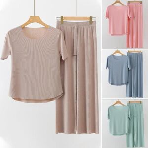 kaileflf 2Pcs/Set Women Pajamas Seamless Ice Silk Round Neck Short Sleeve Solid Color Elastic Waist Wide Leg Loose Soft Breathable Homewear Top Pants Set