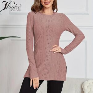 Voglee Eyelet Split Long Length T-shirt, Elegant Solid Long Sleeve T-shirt, Women's Clothing