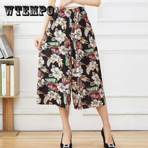 WTEMPO Women Summer Big Size High Waist Wide Leg Casual Culottes Loose Elastic Waist Floral Printed Thin Cropped Pants