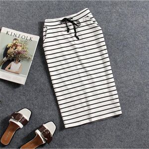 QEENRAAN Womens Clothing Womens Black White Striped One-Step Skirt Casual Pocket Mid-length Slim Bag Hip Skirts Female