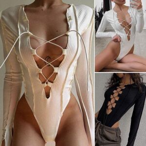 Exquisite woman Club Bodysuit Hot Slim Fit Lace Up Hollow Out Long Sleeves Clubwear Round Neck Solid Color Lady Bodysuit Female Clothes