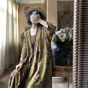 Johnature Summer Woman Cotton Vintage Retro Loose Frenulum Coat Chinese Style V-Neck Print Long Sleeves Coat
