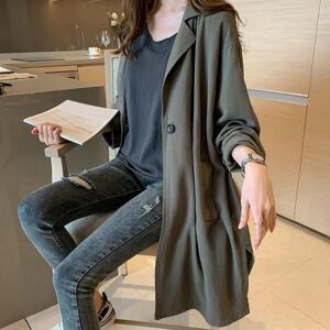 FuLingJi Spring Autumn Women Lapel Mid-length Coat Long Sleeve Pockets Single-breasted Solid Color Simple Retro Windbreaker Coat