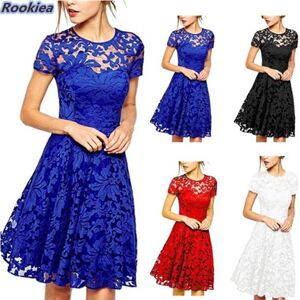 Nobita Rookiea Fashion Women Round Neck Short Sleeve Pleated Lace Slim Dress