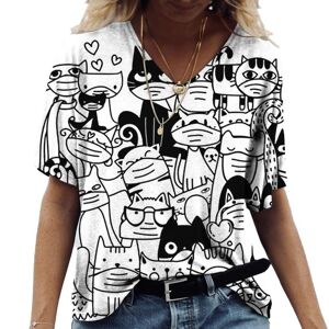 3D printing hall Women'S T-Shirt Summer V-Neck Tshirts Cartoon Cat Pattern Women'S Retro T-Shirts Short-Sleeved Tops Cute Pullover Clothing